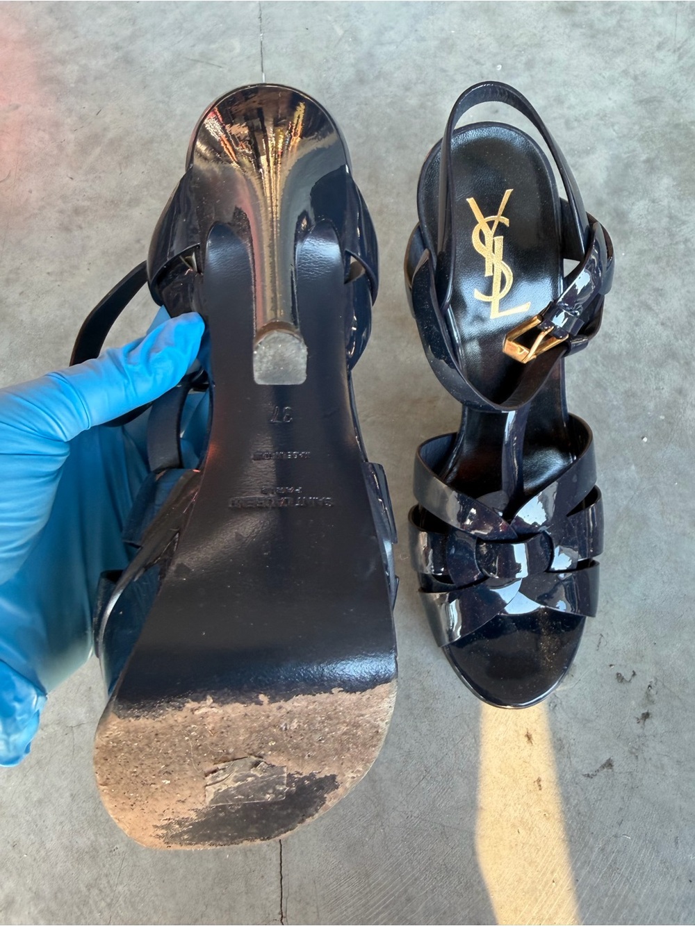 Yves Saint Laurent Black Patent Leather Braided Slingback Heels